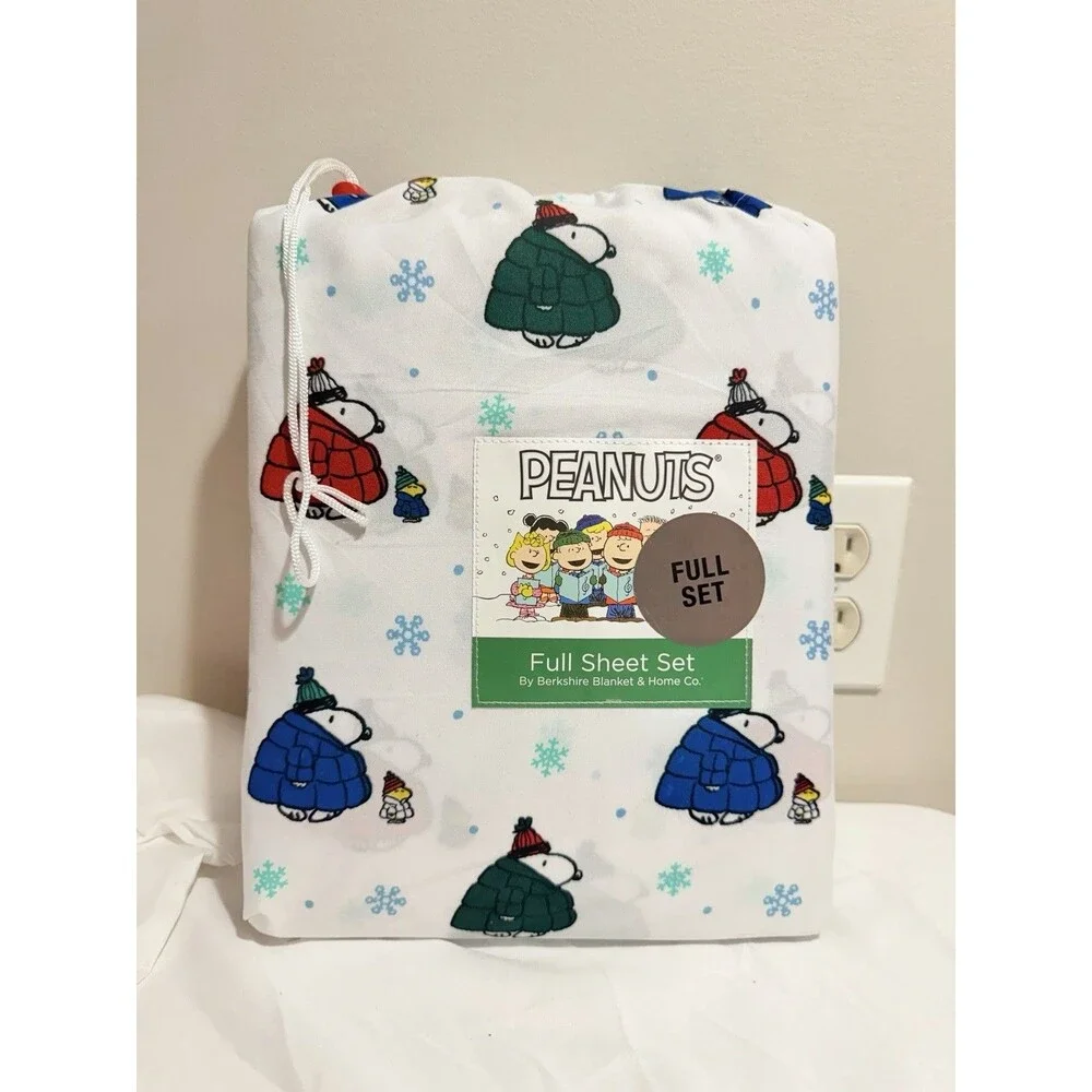 Peanuts Full Sheet Set Snoopy & Wood Stock Puffer Jackets Christmas NEW